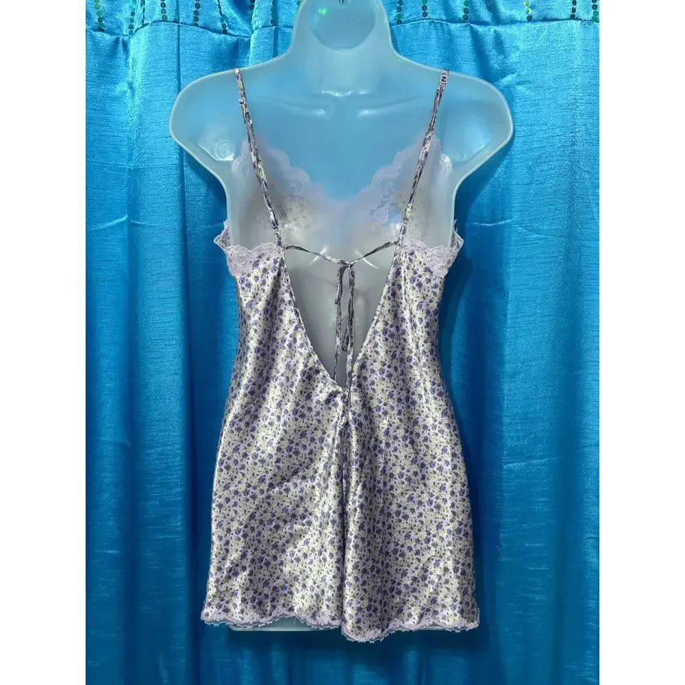 Victoria's Secret Nightgown S Purple Glossy Satin Finish Ditsy Floral Print